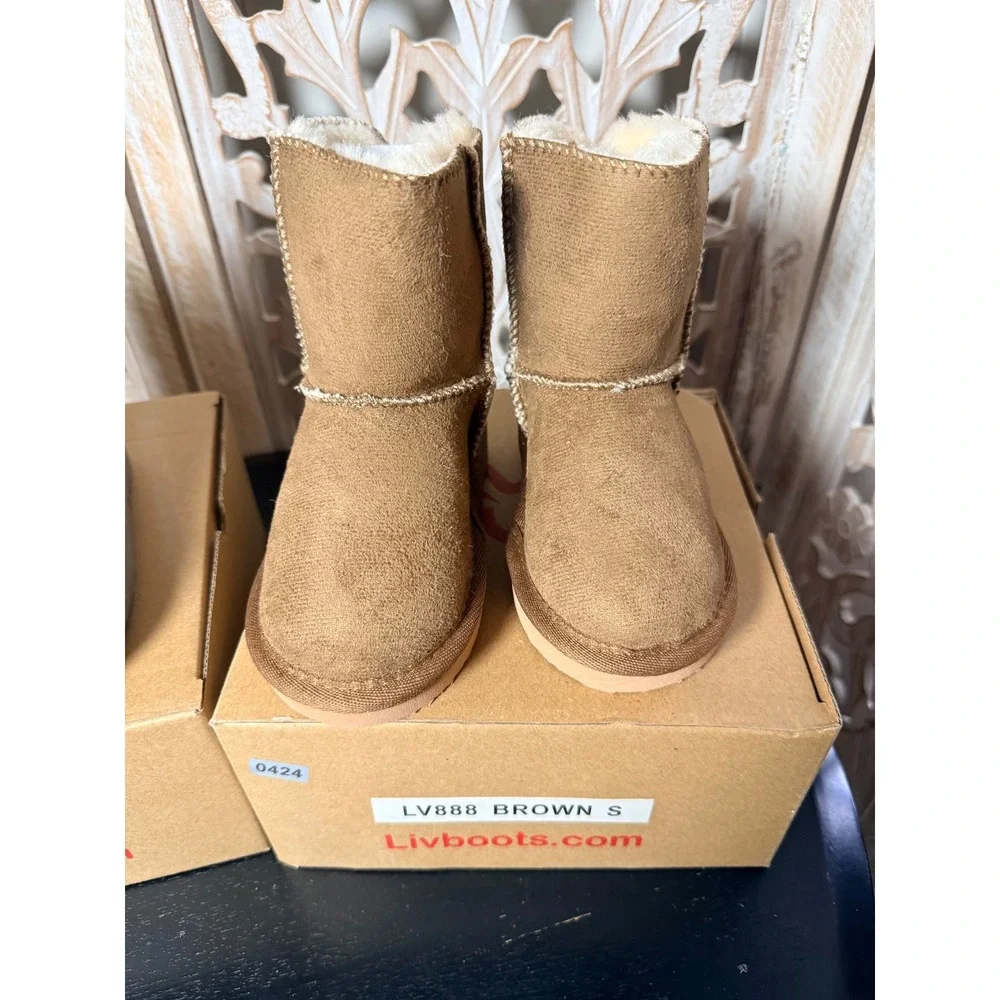 Livboots LV888 Kids Faux Suede Shearling Lined Winter Boots Gray Brown Size S